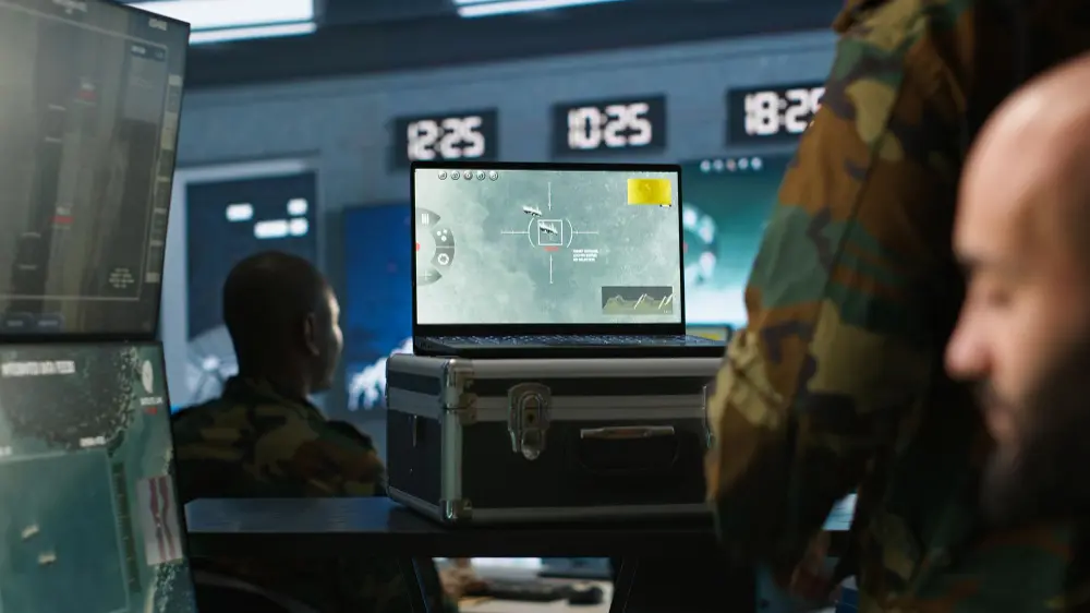 Defense team reviewing secure systems on a laptop in a command center